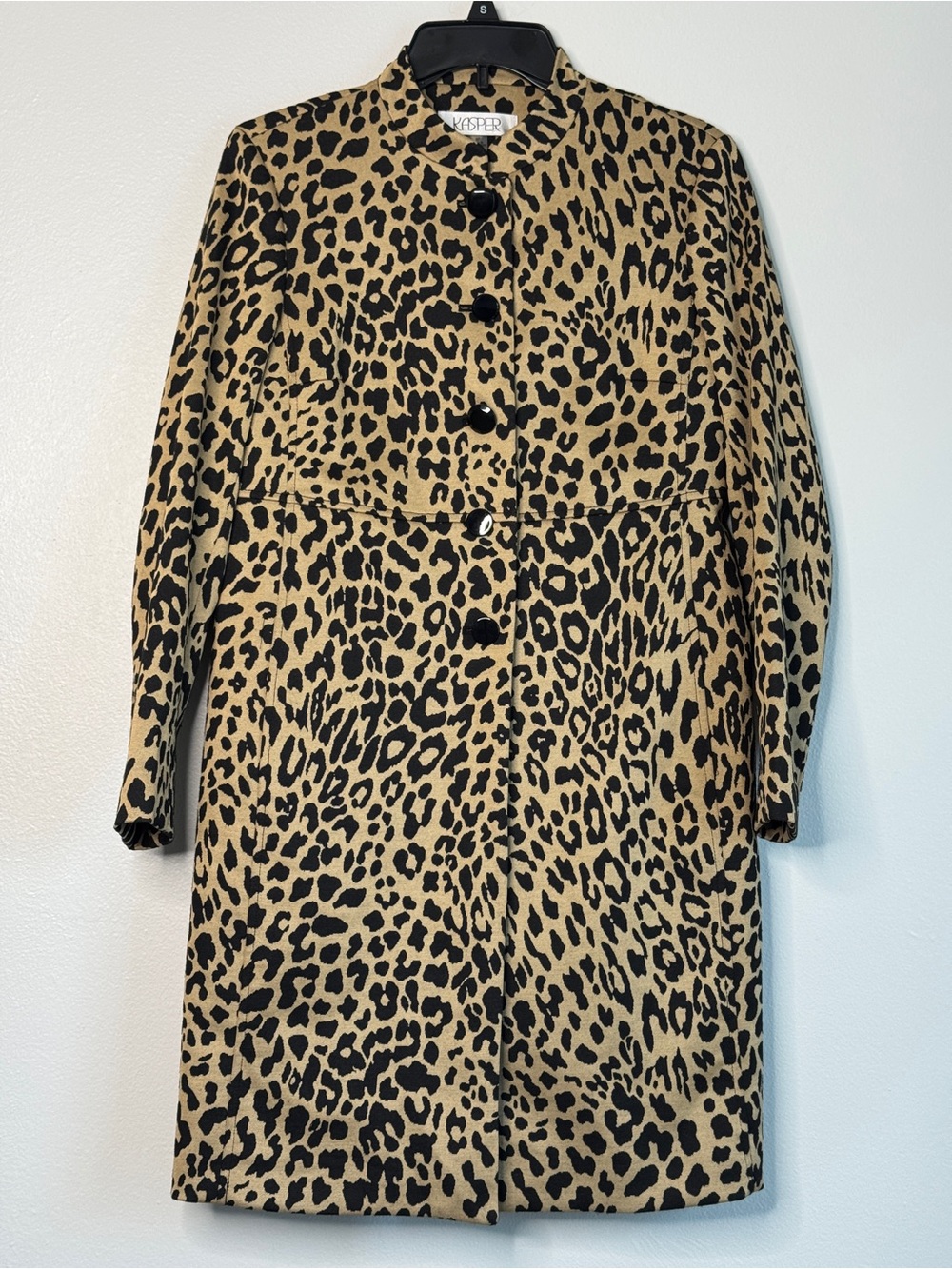 Kasper Leopard Print Long Pea Coat - Tan and Black